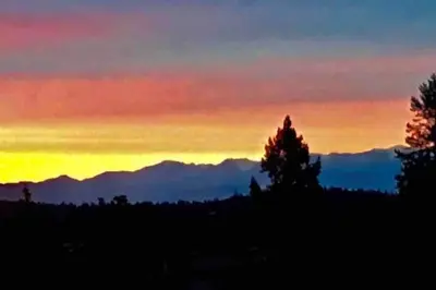 a sunset over the mountains with trees in the foreground at Olympic Views - Cozy Modern 2Br Suite in Victoria
