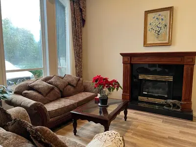 a living room with a couch and a fireplace at Master Bedroom with Two Queen Sized Bed in Richmond