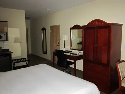 a bedroom with a bed and a desk and a mirror at Trend Mountain Hotel & Conference Centre in Tumbler Ridge