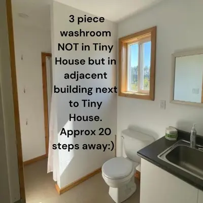 a bathroom with a white toilet and a sink at Tiny house & Sauna on Lakefront Farm Oasis in Merville