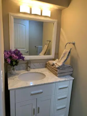 a bathroom with a sink with a mirror and purple flowers at Divine Homes in Calgary