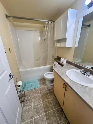 a bathroom with a sink and a toilet at Discovery Suite in Yellowknife