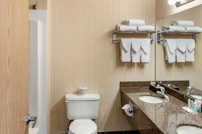 a bathroom with a toilet and a sink and a mirror at Quality Inn & Suites Edmonton International Airport in Leduc