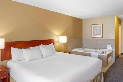 a hotel room with a large bed and a bath tub at Quality Inn & Suites Edmonton International Airport in Leduc