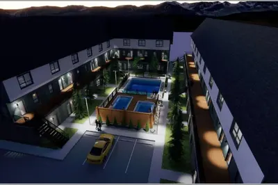 a rendering of a house with a swimming pool at Mountain View Studio in Town in Canmore