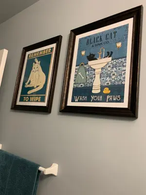 two framed posters on a wall in a bathroom at Cozy Basement Suite close to Downtown,Edmonton in Edmonton