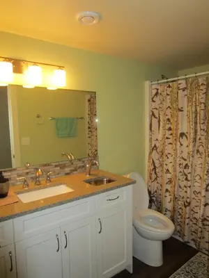a bathroom with a sink and a toilet and a mirror at Okanagan Lake Sunrise BB in Vernon