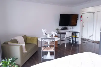 a living room with a couch and a table at Wanderlust Studio Suite with Private Patio in Harrison Hot Springs