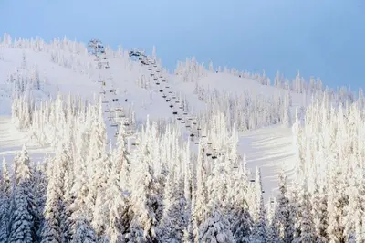 a snow covered hill with trees and a ski lift at Trailblazers Retreat 3 Bed with Family Games Room in Big White