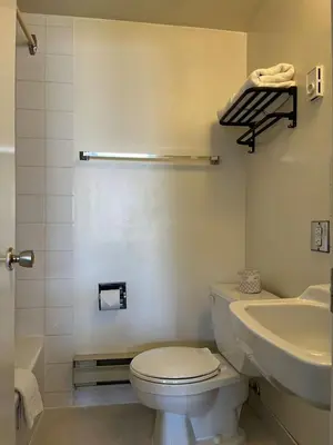 a bathroom with a white toilet and a sink at Rondo Motel in Golden