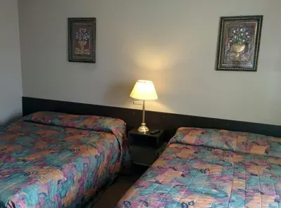 a hotel room with two beds and a lamp at Bonnyville Hotel in Bonnyville