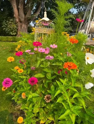 a garden with flowers and a bird cage at The Hazelhouse in Chilliwack