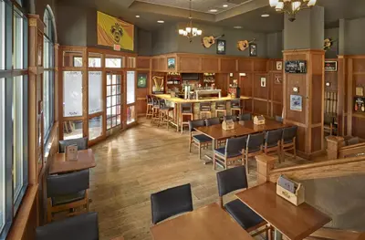 an overhead view of a restaurant with tables and chairs at Residences at the Sun Peaks Grand in Sun Peaks