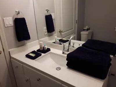 a bathroom with a sink and a mirror at Comfy KING Bed, Large private Basement Suite, Smart TV in Penticton- city of PEACHES AND BEACHES in Penticton