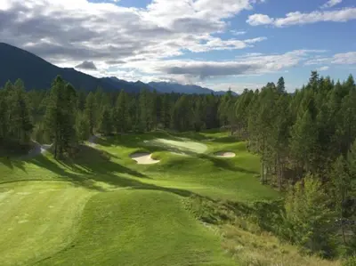 an aerial view of a green golf course with trees at Light N Airy, Pool, Hot Tub, Pets, Ground Floor in Invermere
