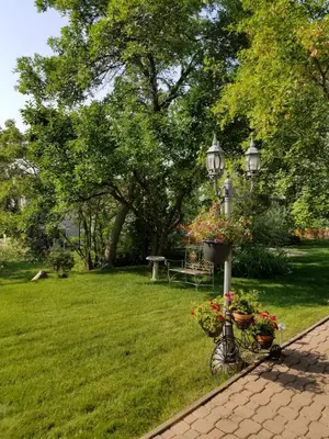 a street light with flowers on it next to a yard at Window Hill in St. Albert