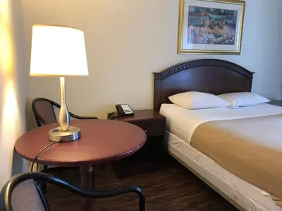 a hotel room with a bed and a table with a lamp at Travellers Inn in Calgary