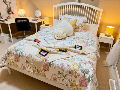 a bedroom with a bed with a blanket and a desk at Scorpio House Langley- ROOM 3 in Langley