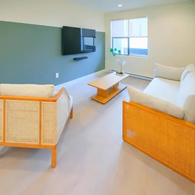 a living room with two couches and a tv at Newly Renovated 2 Bedroom Condo in Japantown! Near Railtown & Gastown! in Vancouver