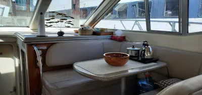 a bowl sitting on a seat in a boat at GYPSIES DRIFTER in Vancouver