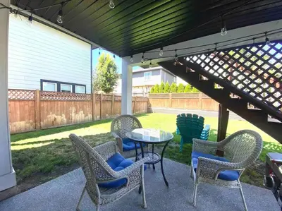 a patio with a table and chairs under a pergola at Great 1-bedroom Suite Near Downtown Langford in Victoria