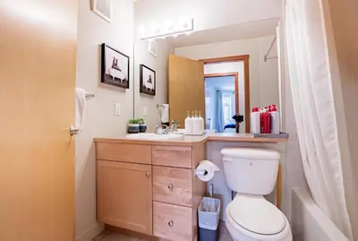 a bathroom with a toilet and a sink and a mirror at Canmore Mountain Views -3Beds-Ski Stay Deals in Canmore