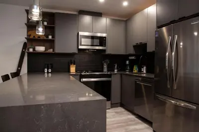 a kitchen with stainless steel appliances and black cabinets at Selkirk Staytion - Stylish Condo with Hot Tub in Revelstoke