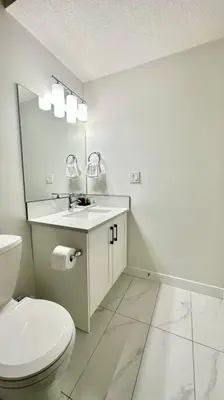 a bathroom with a toilet and a sink and a mirror at The Cozy Nest in Calgary