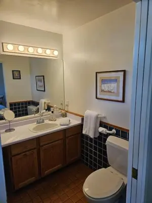 a bathroom with a toilet and a sink and a mirror at Pebbly Beach Suite in Snug Cove in Bowen Island
