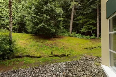 a house with a yard with trees and grass at Woodrun Lodge 216 | Renovated Ski-In Ski-Out Condo w/ Free Parking, Pool, Hot Tub, & Gym in Whistler