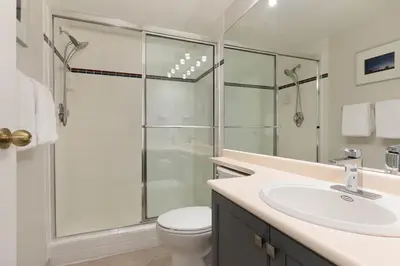 a bathroom with a shower and a toilet and a sink at Woodrun Lodge 412 | Ski-In-Ski-Out, Pool, Hot Tub, & Free Parking in Whistler