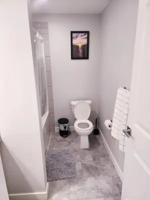 a bathroom with a toilet and a picture on the wall at Deluxe 2 bedroom suite with*Netflix/Cable/Prime in Edmonton