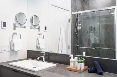 a bathroom with a sink and a shower at Mountainview Escape by Revelstoke Vacations in Revelstoke
