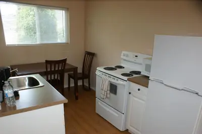a kitchen with a white stove and a sink at Elks Motel in Keremeos