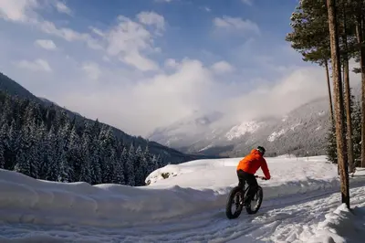 a person riding a bike in the snow at Ski In Ski Out Private Hot Tub in Panorama