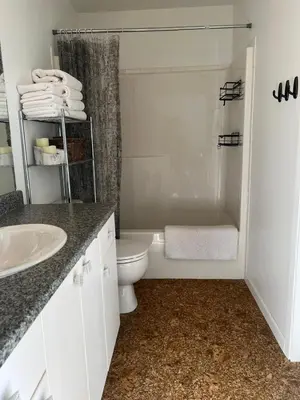 a white bathroom with a toilet and a sink at Laid Back In Langford in Langford