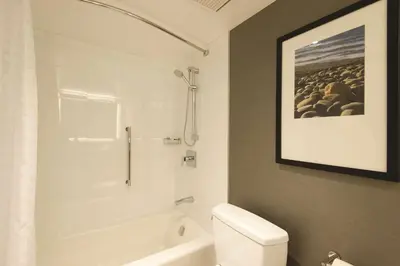 a bathroom with a white toilet and a shower at DoubleTree by Hilton Hotel & Suites Victoria in Victoria
