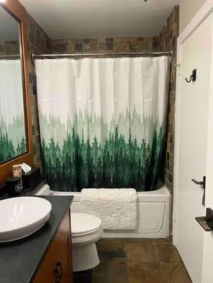 a bathroom with a toilet and a shower curtain at The Eden Whistler - Luxury 2 BDRM Ski in / Ski out in Whistler