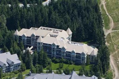an aerial view of a large building at Woodrun Lodge 517 | Large Ski-In Ski-Out Condo by Upper Village w/ Mountain Views & Shared Hot Tub in Whistler