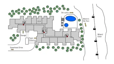 a plan of a building with a lot of plants at Woodrun Lodge 414 | Cozy Ski-In Ski-Out Condo w/ Shared Hot Tub, Pool, Fireplace, & Parking in Whistler
