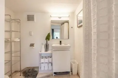 a bathroom with a sink and a mirror and a shower at Yellowknife Downtown 50a avenue Retreat in Yellowknife
