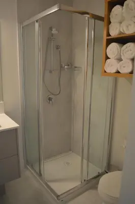 a shower with a glass door in a bathroom at Stokeside Serenity in Revelstoke
