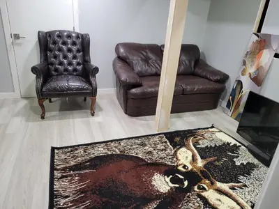 a living room with a chair and an octopus rug at Brand New 2 Bedroom Basement Suite with Wifi in Edmonton