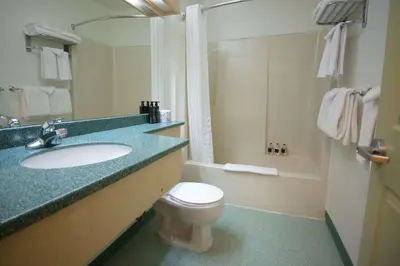 a bathroom with a sink and a toilet and a shower at Eldorado, a Coast Hotel in Dawson City