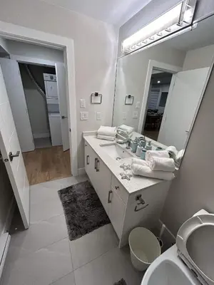a bathroom with a sink and a mirror at New, Spacious 2 Bedrooms in Downtown With Free Parking! in Maple Ridge District Municipality