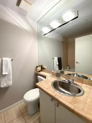 a bathroom with a sink and a toilet and a mirror at Richard Comfort Living in Vancouver