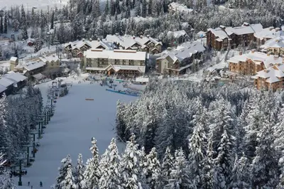 a ski resort with snow covered trees and buildings at Moguls, Lofted Ski in Ski Out with Hot Tub Access in Panorama