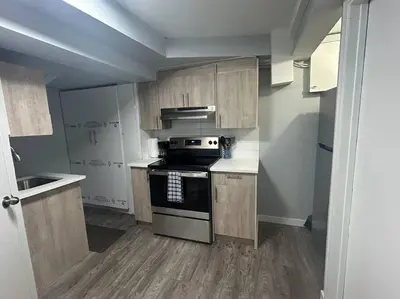 a small kitchen with wooden cabinets and a stove at Cute Highlandpark (Lower B Unit) in Calgary