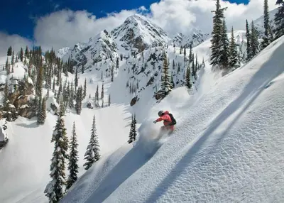 a person is skiing down a snow covered mountain at Revelstoke Alpine Retreat - RARE One-Bedroom Condo in Revelstoke