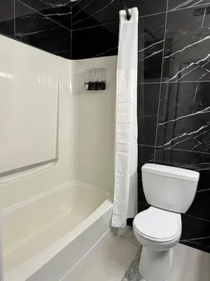 a bathroom with a white toilet and a bath tub at The Viking Inn in Viking